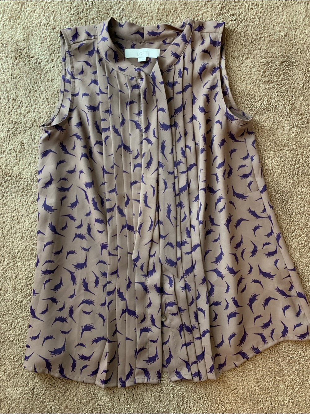LOFT Brown Sleeveless Pleated Blouse with Purple Feather Print